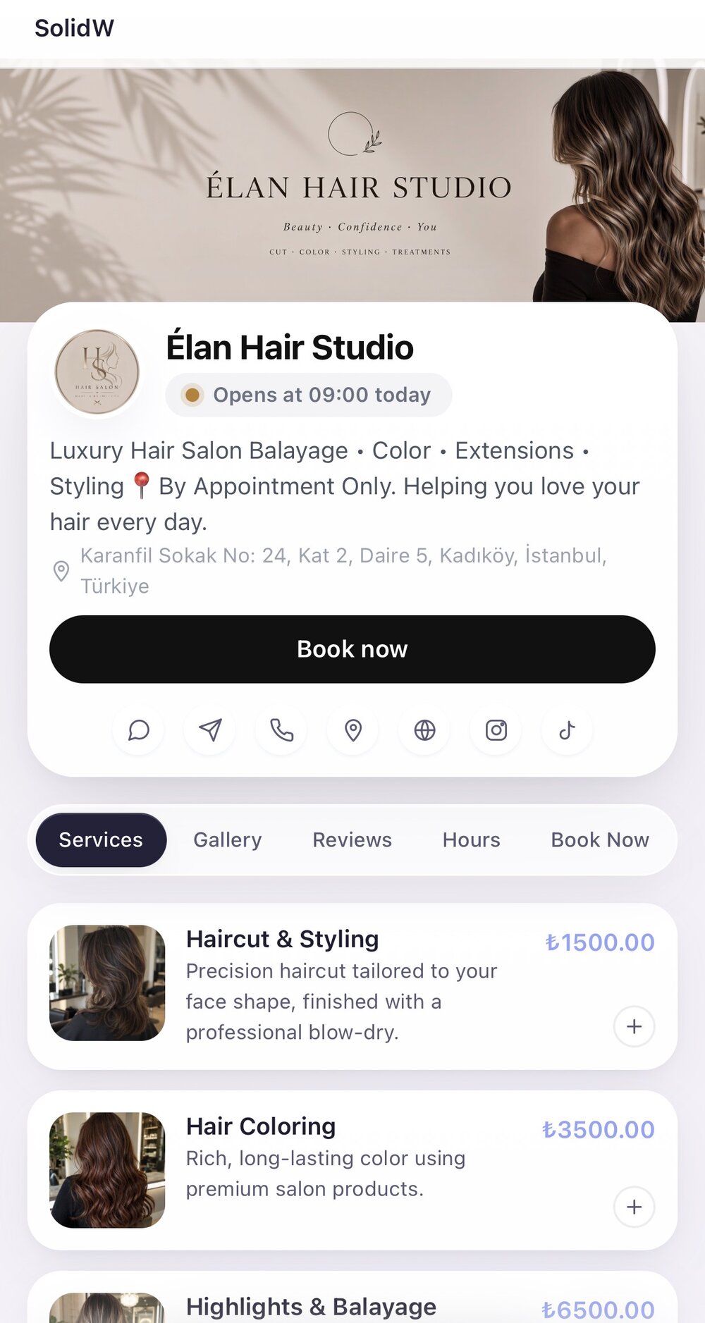 Example SolidW booking page for Élan Hair Studio